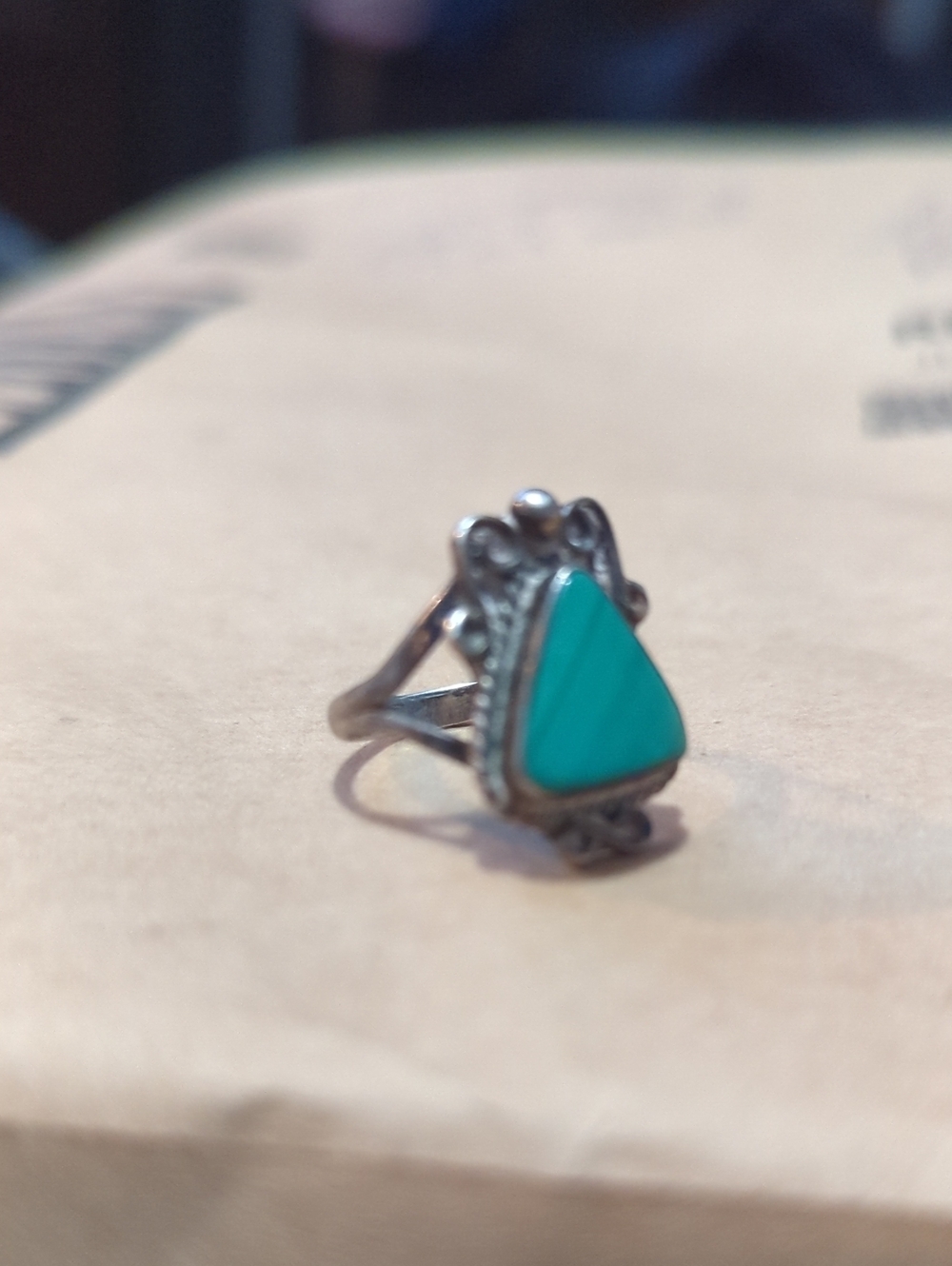 Sterling Silver Ring with Teal Turquoise Triangle Stone